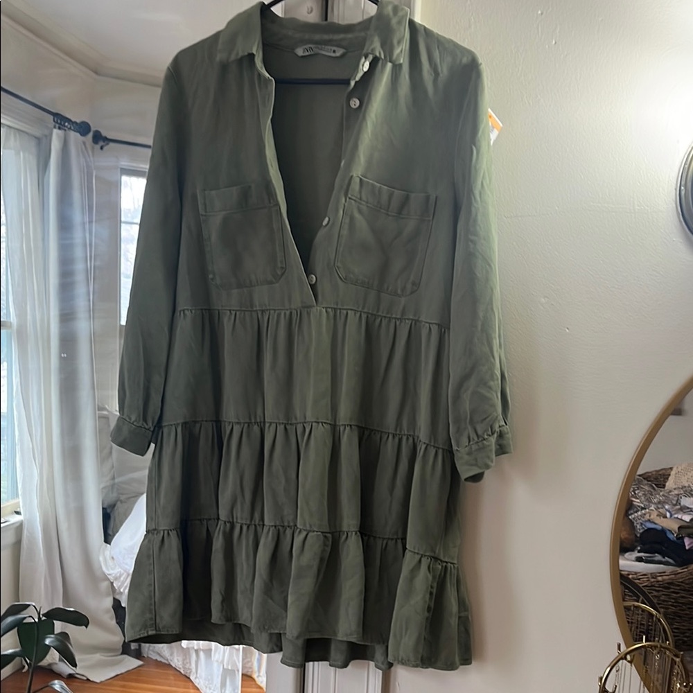 Olive Green Button-Up Tiered Dress